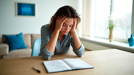 Девушка держится за голову сидя за столом